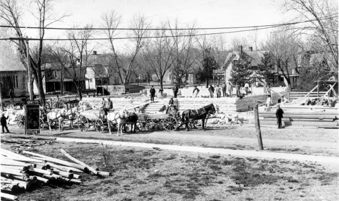 Stone foundation of the Carnegie Library being built.