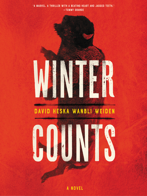 Image of the front cover of the book "Winter Counts" by David Heska Wanbli Weiden. It has a bright red background and a vertical image of a buffalo overlaid with the title of the book in white text. 