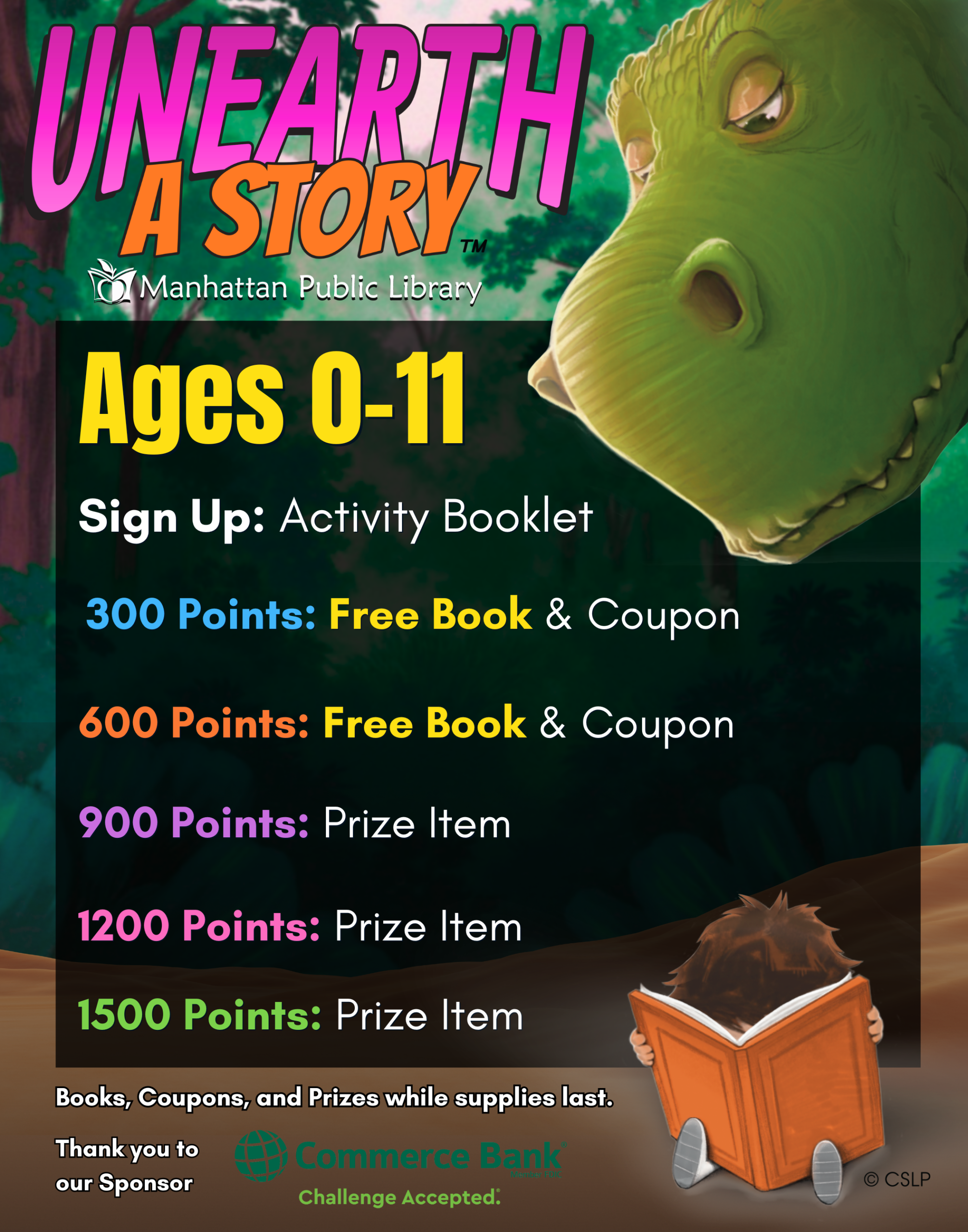 Summer reading expedition poster for ages 0 to 11 showing dinosaur milestone rewards by points. Click to open detailed PDF.