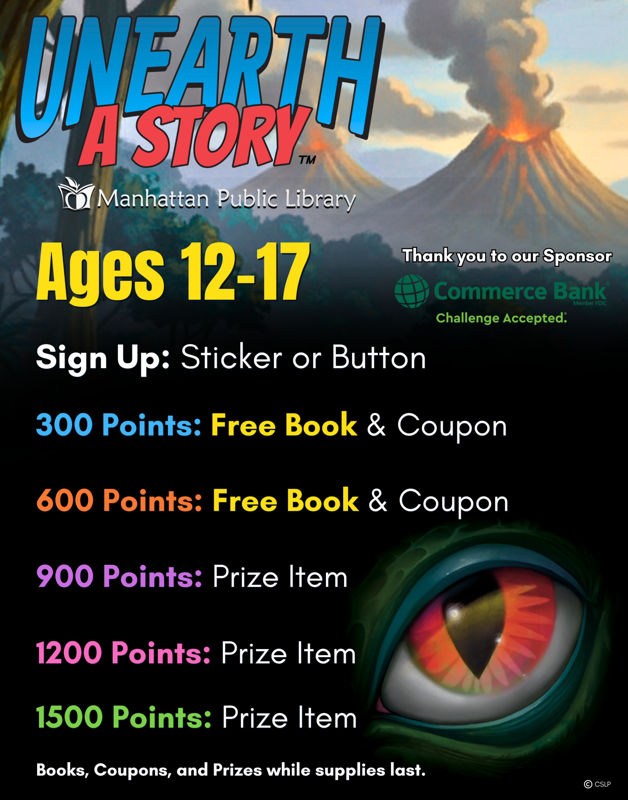 Summer reading expedition poster for ages 12 to 17 showing dinosaur milestone rewards by reading points. Click to open detailed PDF.