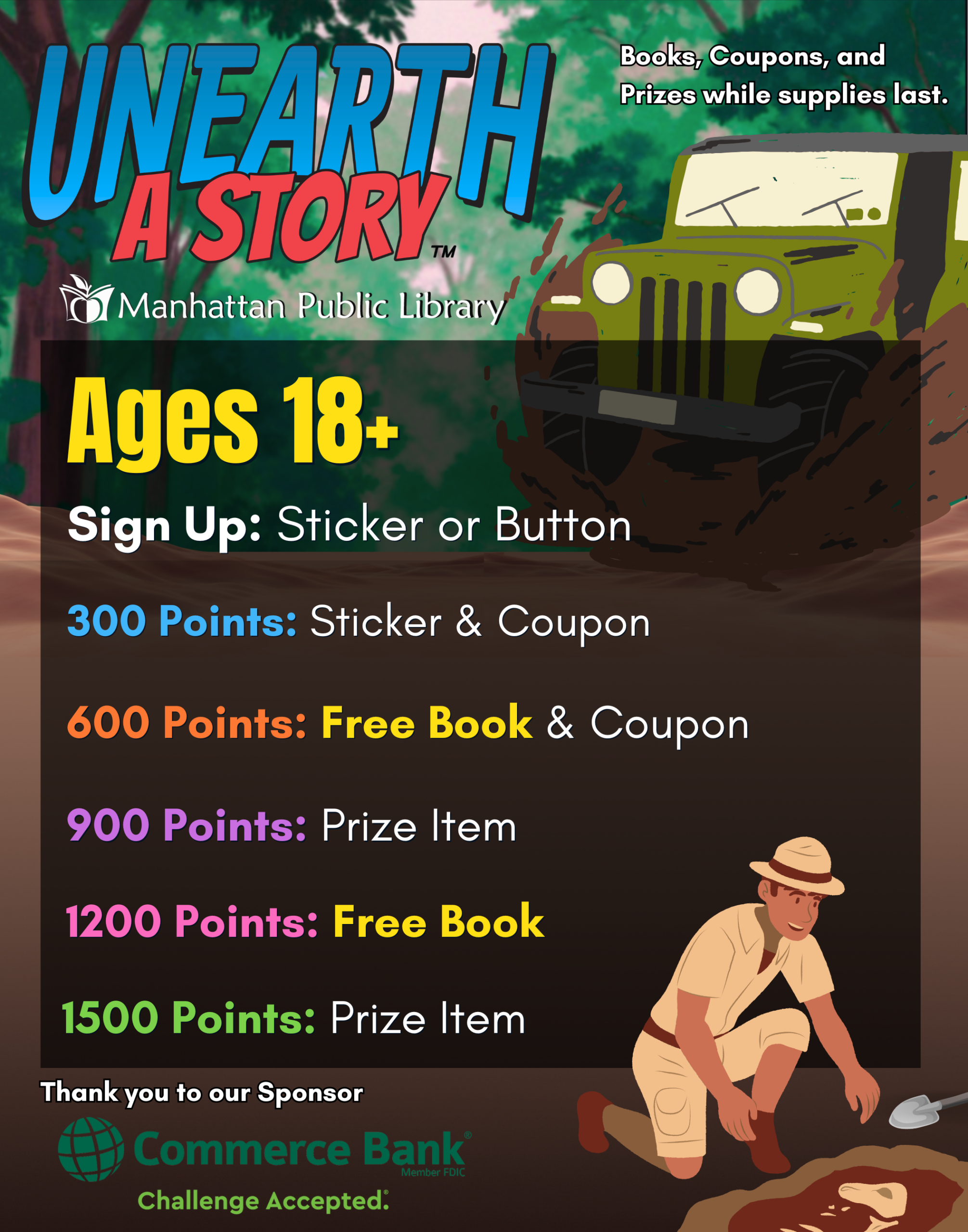 Summer reading expedition poster for ages 18 and older showing dinosaur milestone rewards and point levels. Click to open detailed PDF.