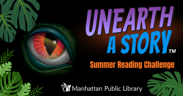 Summer Reading Website Slider Unearth a story, summer reading challenge, manhattan public library