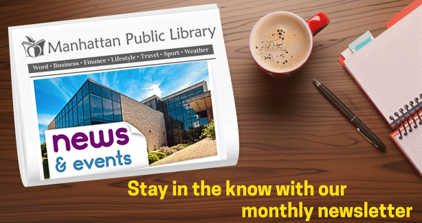 Newsletter Advertisement for monthly library newsletter featuring physical newspaper and desk set up.